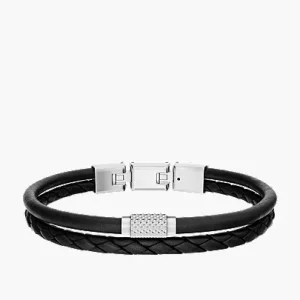 Machine Knurled Texture Black Leather Multi-Strand Bracelet